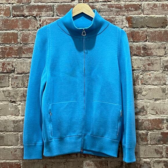 Akris Wool & Mulberry Silk High-Neck Zip Cardigan with Zip Pockets Size 14 - Picture 2 of 9